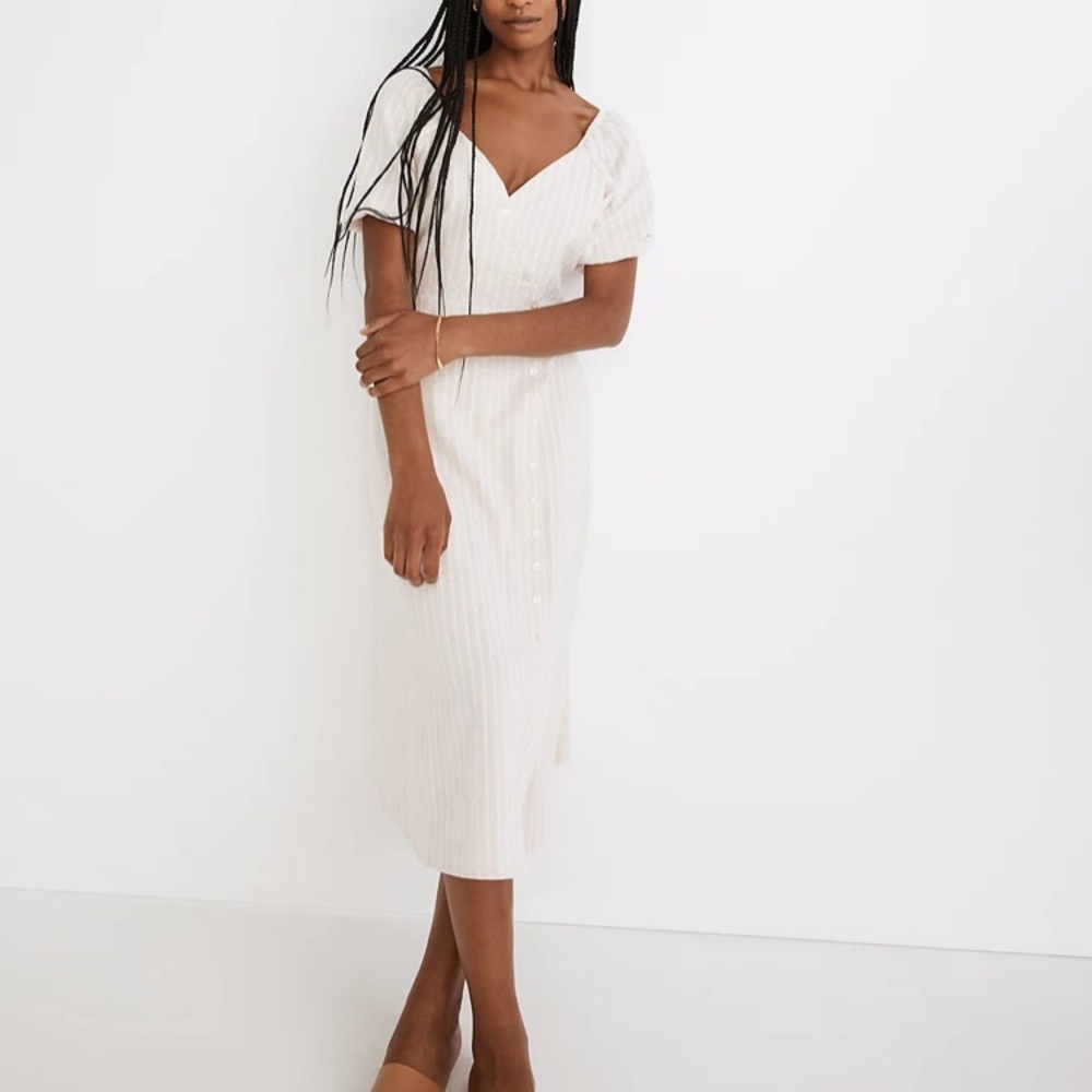 NWT NEW Madewell puff-sleeve button-wrap midi dress in undyed stripe